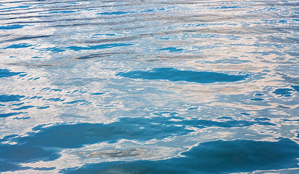 Calm water surface reflecting blue sky and soft clouds, creating a serene and tranquil atmosphere, ideal for relaxation and nature-themed projects with copy space.