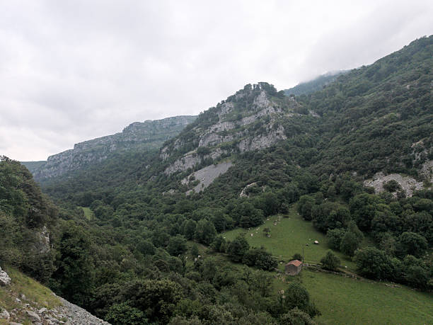 Equirectangular. Panoramic view of a rugged mountain valley with lush green
