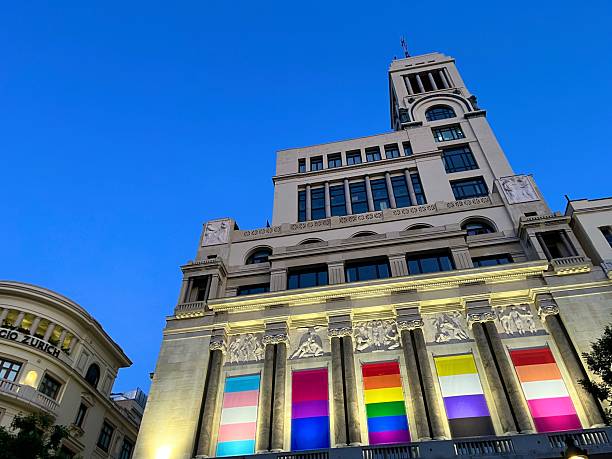 Madrid, Spain - July 6, 2025: Iconic building on Calle de Alcalá in Madrid displaying vibrant LGBTIQ pride flags against a clear blue sky, celebrating diversity and inclusion during Gay Pride festivities.