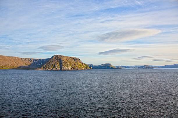 Panoramic winter view of snowy coastline and Arctic Ocean in North Cape Norway