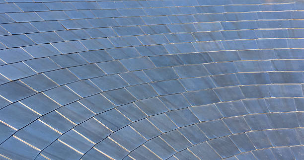 Modern architectural facade with wavy design against a clear blue sky.