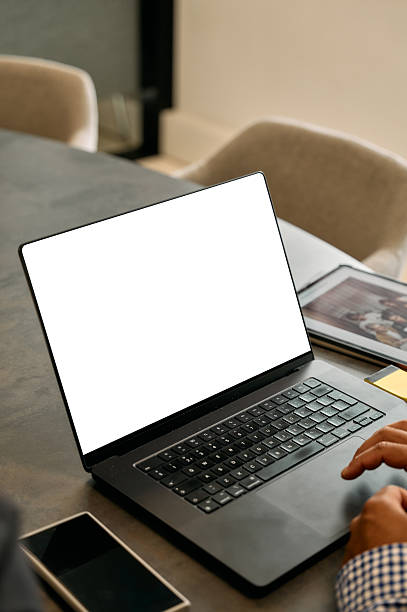 Businessman working on laptop with blank screen in modern office