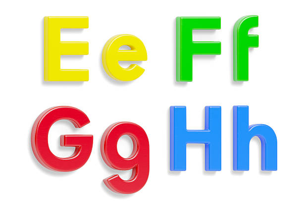 Colorful Angled Uppercase and Lowercase Magnetic Plastic Letters E through H with Drop Shadows Isolated on a White Background.