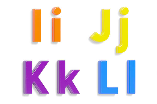 Colorful Angled Uppercase and Lowercase Magnetic Plastic Letters I through L with Drop Shadows Isolated on a White Background.