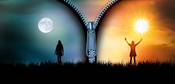 Silhouette of a woman in a landscape with different emotions as a concept