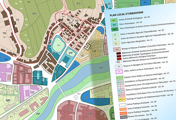 istock PLAN LOCAL D'URBANISME - URBAN DEVELOPMENT AND URBAN ZONING MAP CONCEPT IN FRENCH LANGUAGE - Fictional land registry and General Urban Plan with zoning regulations, land use and urban destinations 2227739849