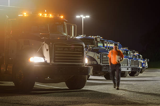 Indianapolis - August 1, 2023: Freightliner Semi Tractor Trailer Trucks lined up for sale. Freightliner is owned by Daimler Trucks.