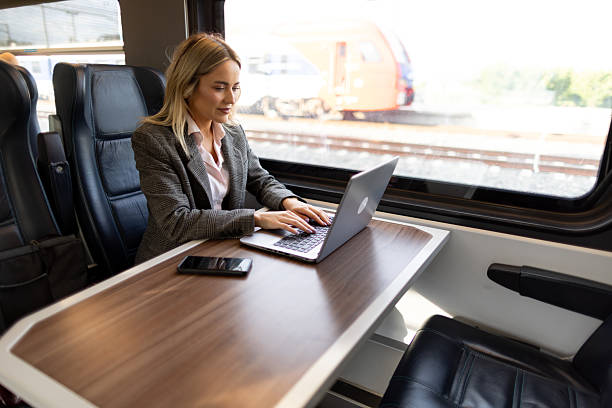 istock Business woman commuting to work on train 2227747126