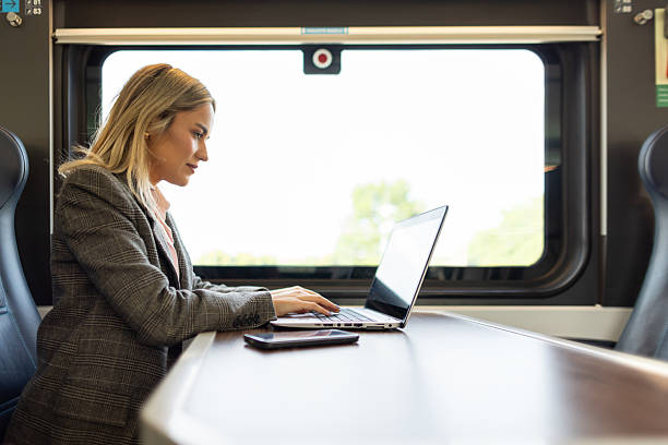 istock Business woman commuting to work on train 2227747150