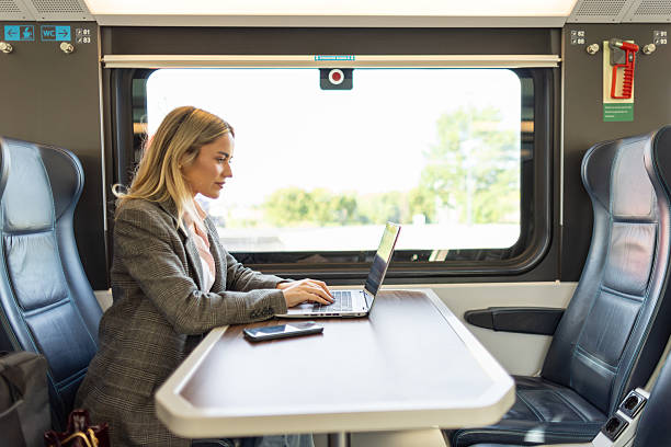 istock Business woman commuting to work on train 2227747158