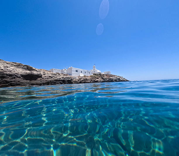 Crystal clear waters of Greece's Cyclades Isands, Go Pro perspective from water