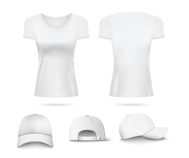 istock White women short sleeves t-shirts with cap realistic vector mockup isolated. 2227754425