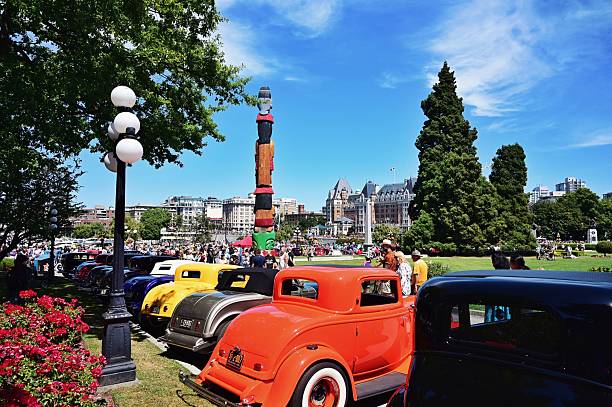 Victori, Canada – July 20, 2025: Vintage car and hot rods featured in the heart of Victoria during Deus Days 2025.
