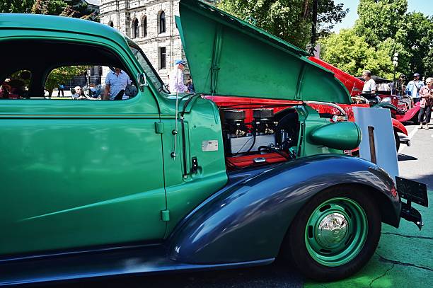 Victori, Canada – July 20, 2025: Vintage car and hot rods featured in the heart of Victoria during Deus Days 2025.
