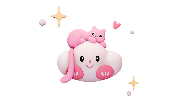 3d rendering of stylized fluffy pink cartoon cat is resting lying on kawaii cloud with smiling face, eyes, nose, red cheeks floating in air with bubbles, yellow stars, heart shape on white background.