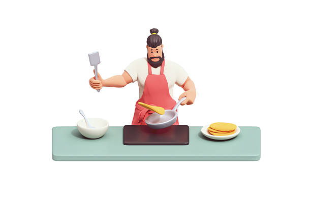 3d rendering of stylized casual cute funny kawaii handsome smiling bearded brunette man in t-shirt, red apron, happily cooking pancakes for family in his kitchen at home in morning on white background