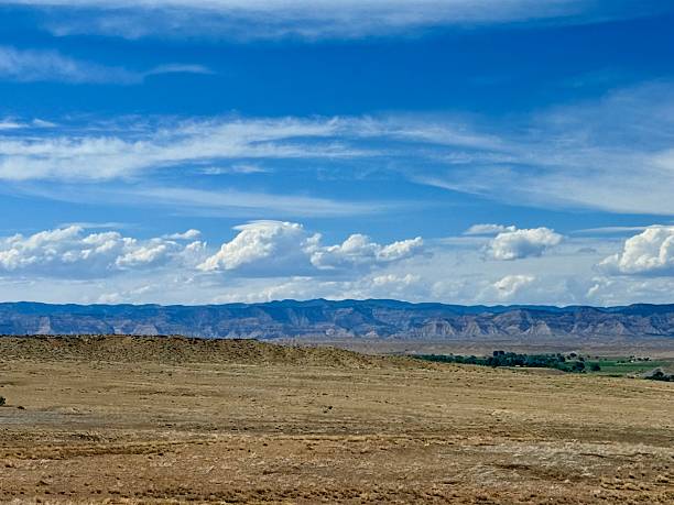Expansive arid landscape with bright sky and rugged horizon