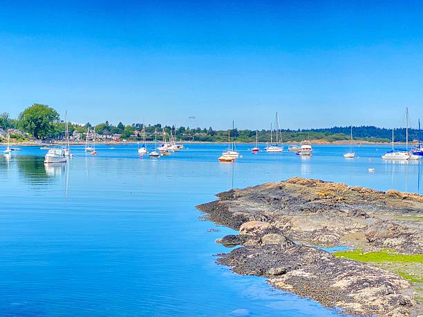 istock Tranquil bay with sailboats and rocky shore. 2227777318