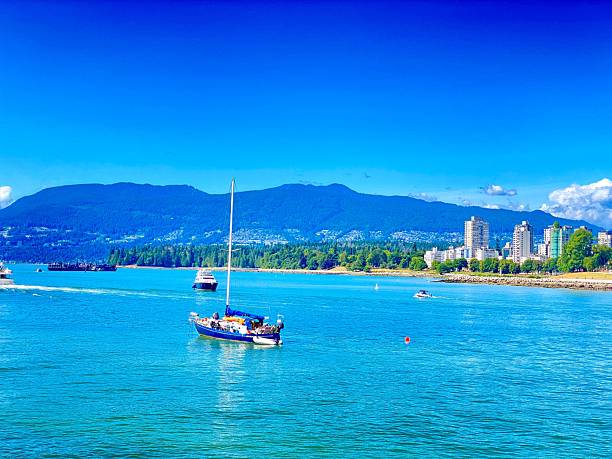 A vibrant scene of Vancouver's harbor with sailboats on the blue water and city skyline against a mountainous backdrop under a clear sky.