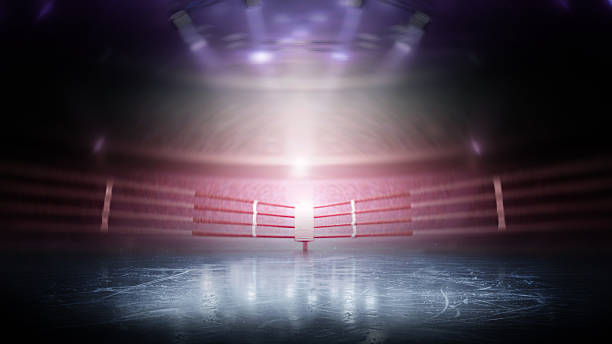 istock Big ice arena with viewers. Professional stadium. Beautiful empty background. Bright lighting with spotlights. Dynamic sports background. Full tribune. Dark 2227781284