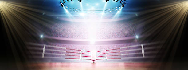 istock Big arena with viewers. Professional stadium. Beautiful empty background. Bright lighting with spotlights. Dynamic sports background. Full tribune. Wide angle 2227781285