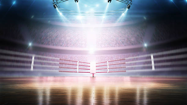 istock Beautiful empty background. Bright lighting with spotlights. Big arena with viewers. Professional stadium. Dynamic sports background. Full tribune. Wide angle 2227781291
