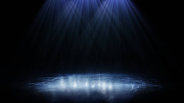 istock Ice. Winter background. Bright lighting with spotlights. Blue ice floor texture and mist. Snow and ice background. Dark 2227781295
