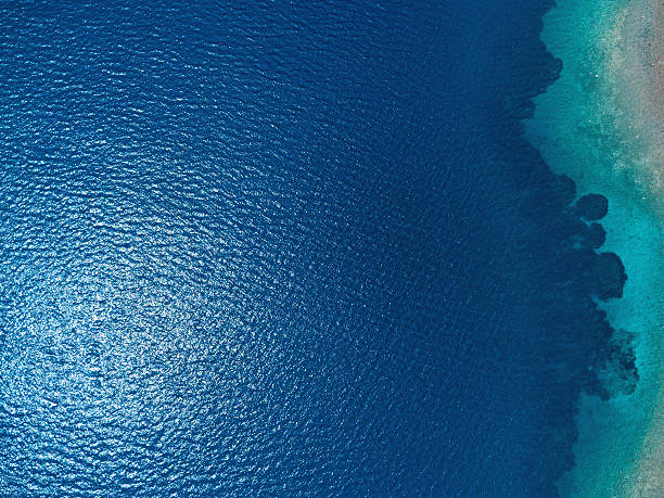 Turquoise water surface with dark seabed formations visible from above, creating a beautiful contrast of colors in a tropical paradise