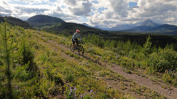 istock Mature woman rides e-bicycle on mountain track 2227786216