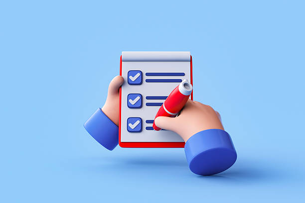 istock 3D Rendering of checklist on clipboard, hand and pencil. 2227791629