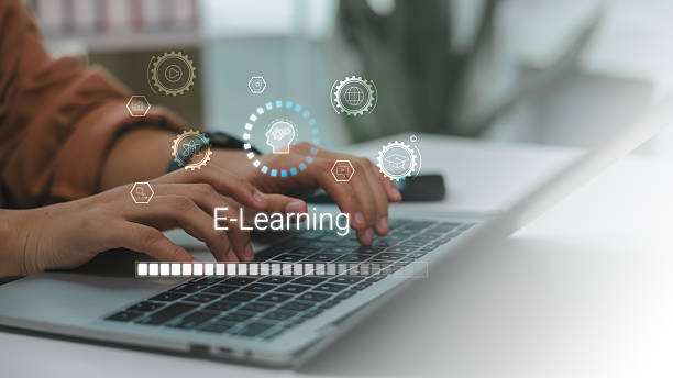 istock Modern e-learning concept with digital education icons, showing user interacting on laptop for online training, skill development, remote study, and virtual learning through technology. 2227797724