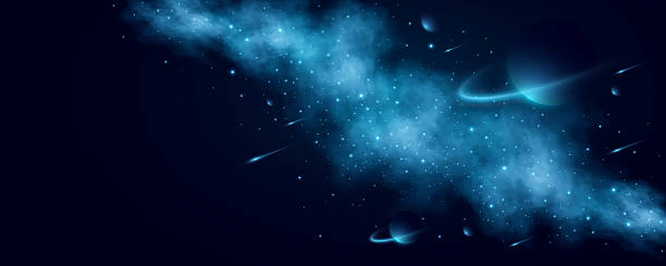 Abstract universe background with glowing stars, falling meteors, nebula clouds and planets in deep space. Futuristic outer space scene for sci-fi, astronomy or cosmic presentation. Vector. Abstract universe background with glowing stars, falling meteors, nebula clouds and planets in deep space. Futuristic outer space scene for sci-fi, astronomy or cosmic presentation. Vector illustration. universe stock illustrations