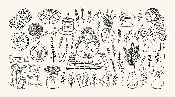 Hand drawn cozy cottagecore doodle set with girl meditating on blanket, tea, cookies, flowers, armchair, candle, jam jar and rustic elements. Vintage boho clipart collection for coloring pages, stickers, cards.