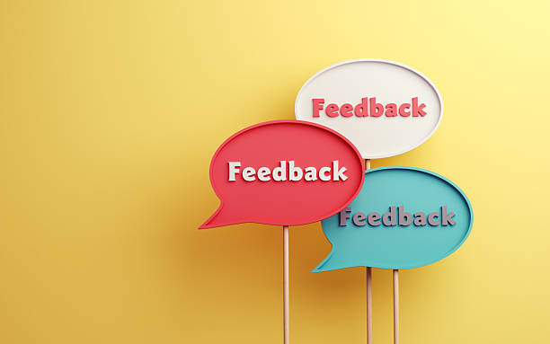 Colorful Feedback Text in White Speech Bubble on Yellow Soft Infinite Background