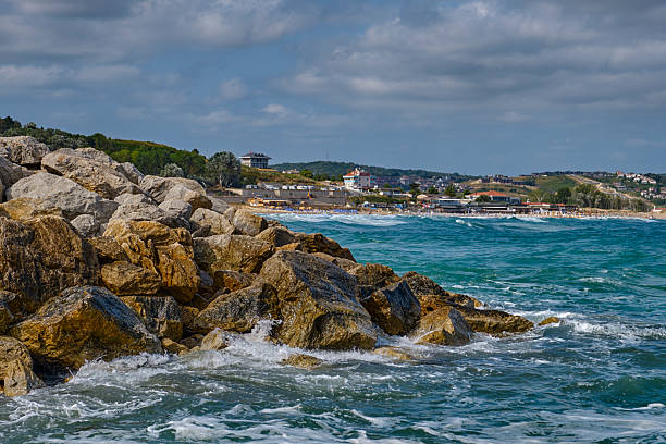 Black Sea with waves with a stone shore near the city of Shile