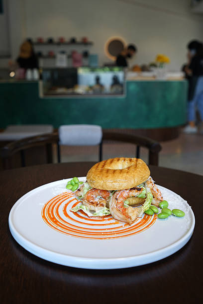 Close up Bagel with Shrimp salad, Yeasted wheat dough in ring shaped