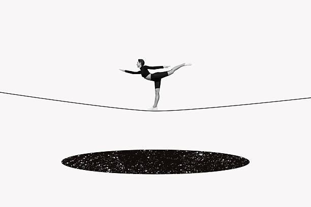 Composite trend artwork sketch collage of copybook workplace monochrome line doodle mind think stress young lady keep balance rope hole.