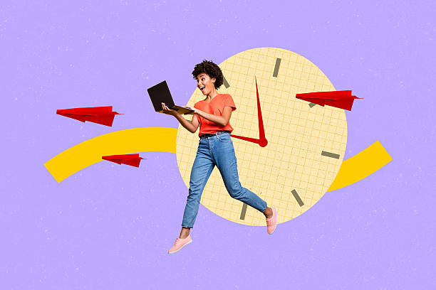 istock Creative collage picture young woman freelancer clock time management laptop digital device airplane flight diligent work 2227821208