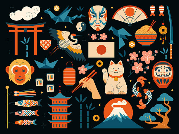 prozkoumejte sadu japonských designových prvků a ikon - východoasijská kultura kultura stock ilustrace