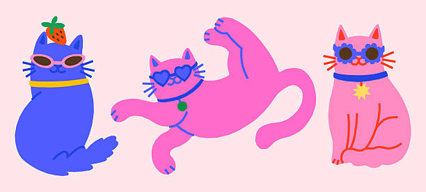 Funny, cute, groovy, playful cat characters vector illustrations. Cartoon happy pet clipart