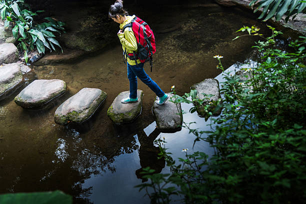 istock Female backpacker walking on stepping stones 2227828361