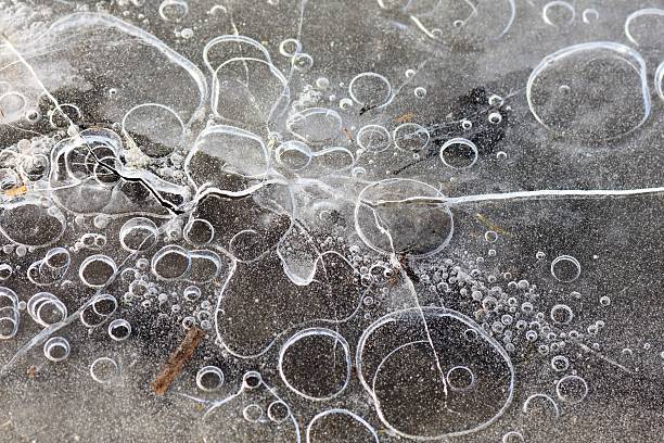 Frozen lake surface with air bubbles in ice