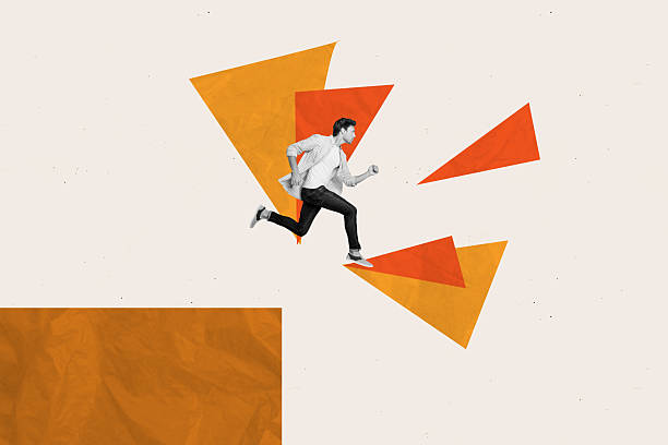 istock Composite trend artwork sketch image collage of miniature young guy run platform climb up element overcome obstacle achievement aim goal 2227832459