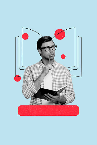 istock Vertical poster collage young thoughtful man decide unsure hmm guess idea solution book literature clever nerd drawing background 2227832520