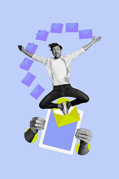 istock Vertical photo collage of happy guy jump envelope letter ereader device correspondence folder icon email isolated on painted background 2227832523
