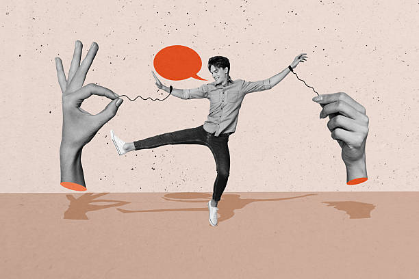 istock Picture artwork collage of funny man tied hands marionette addiction empty space isolated on drawing background 2227832607