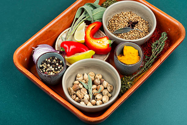 Cooking and seasoning spices, various spices on table.