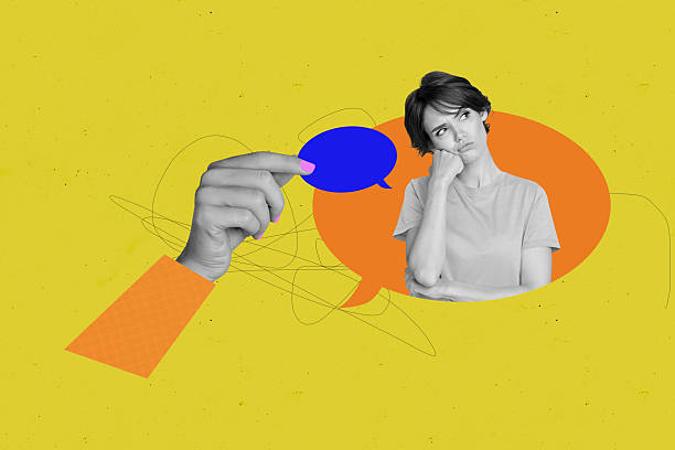 istock Composite creative art collage of minded girl hand hold bubble communication talk phrase conversation isolated on painted background 2227833317