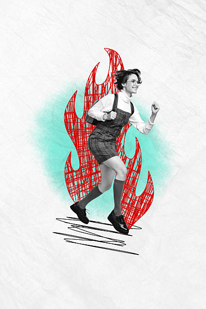 istock Trend artwork sketch image composite 3D collage of autumn season fall young student lady run fast burning flame deadline hurry punctuality 2227833430