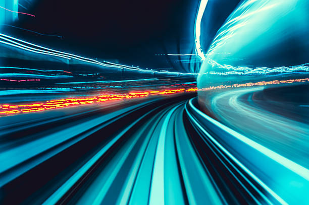 istock high-speed technology concept background. Long exposure motion light from Yurikamome Monorail line in Tokyo, Japan. 2227833446